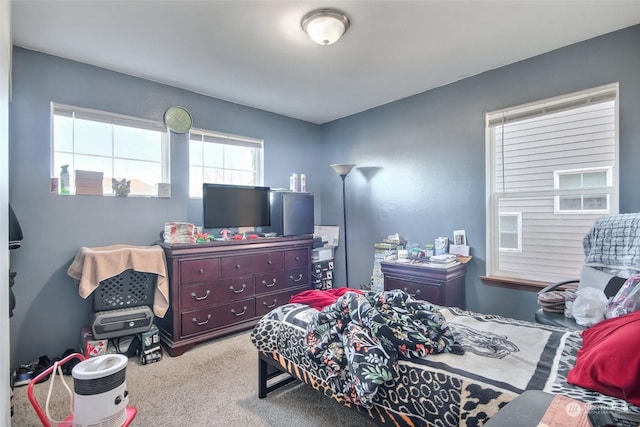 bedroom with light colored carpet