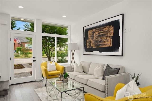 living room featuring hardwood / wood-style flooring and expansive windows