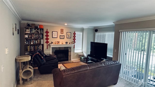 living room featuring carpet, ornamental molding, and a tiled fireplace