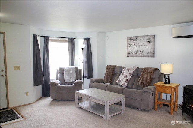 living room featuring a wood stove, a wall unit AC, and carpet flooring