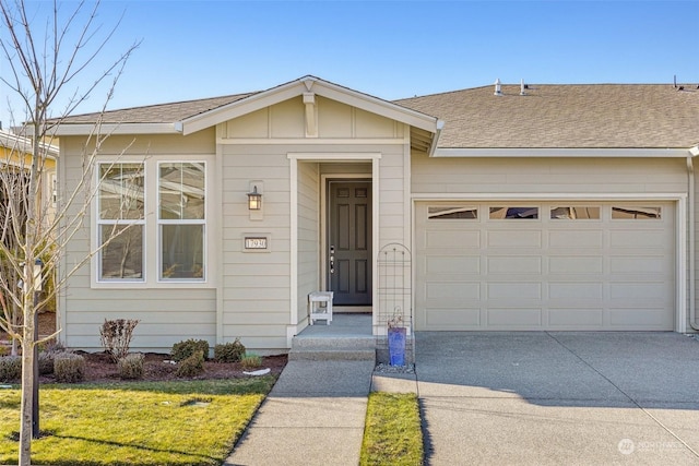 single story home with a garage and a front yard