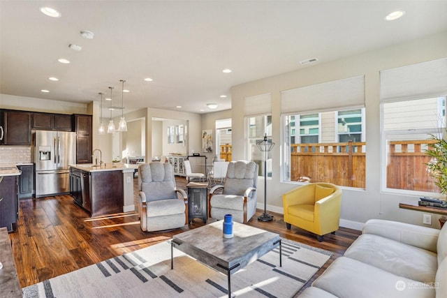 living room with dark wood-type flooring and sink