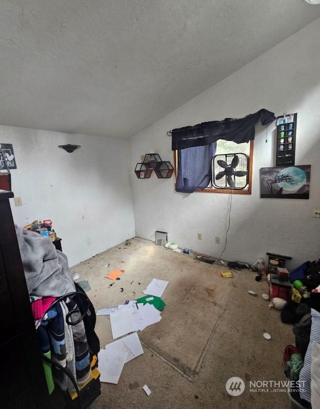 bedroom with lofted ceiling and a textured ceiling