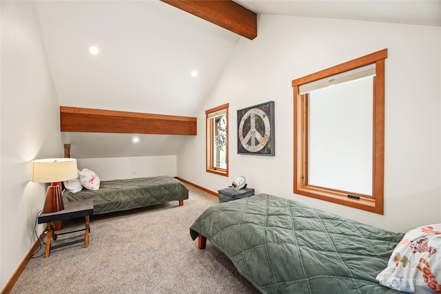 carpeted bedroom with vaulted ceiling with beams