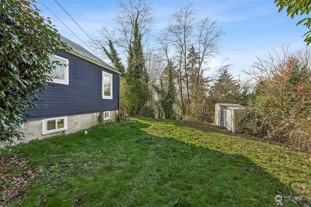 view of yard featuring a storage unit