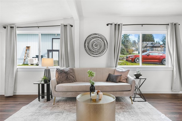 living room featuring dark wood-type flooring