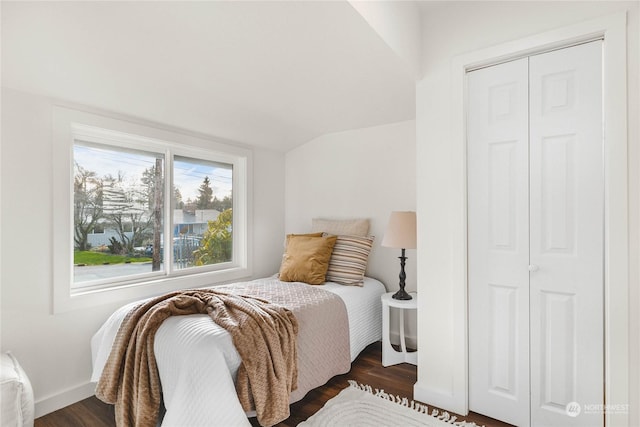 bedroom featuring vaulted ceiling, dark wood-type flooring, and a closet