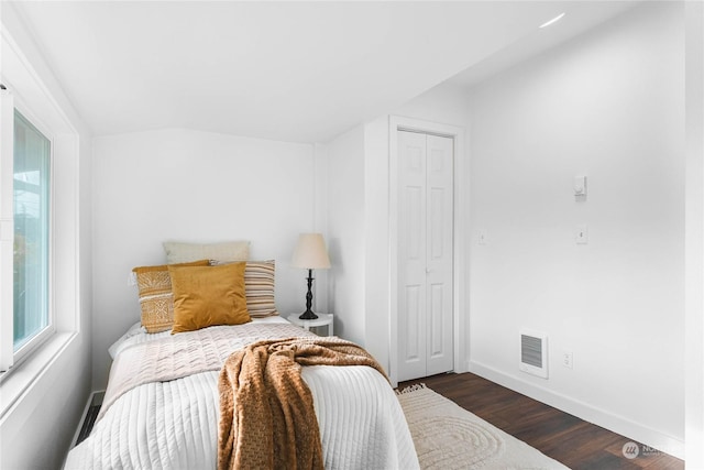 bedroom featuring dark hardwood / wood-style floors and a closet