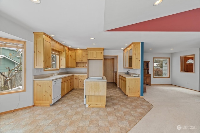 912 Bell Dr, Cosmopolis, WA 98537 - kitchen with recessed lighting, light countertops, light brown cabinets, dishwasher, and baseboards