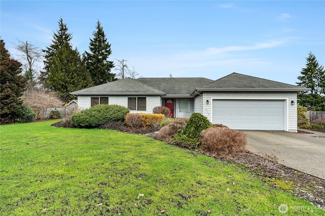 single story home featuring driveway, roof with shingles, an attached garage, fence, and a front yard