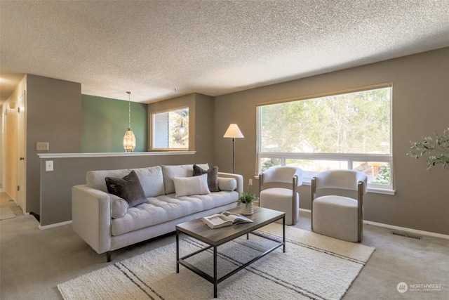 living room with light carpet and a textured ceiling