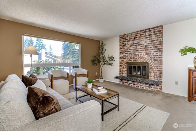 carpeted living room with a brick fireplace and a textured ceiling