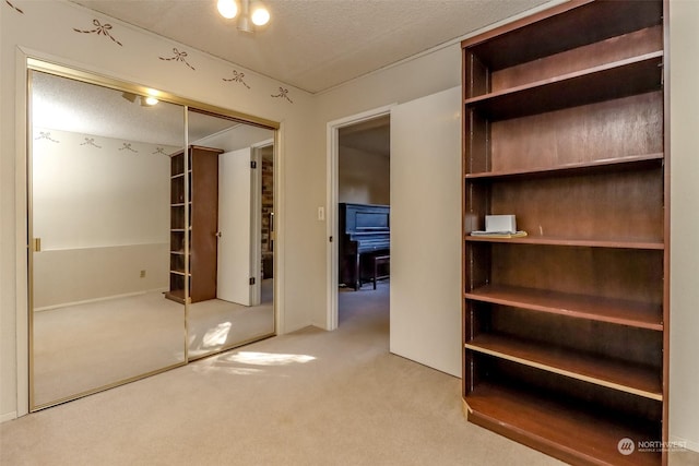 interior space featuring light colored carpet, a closet, and a textured ceiling