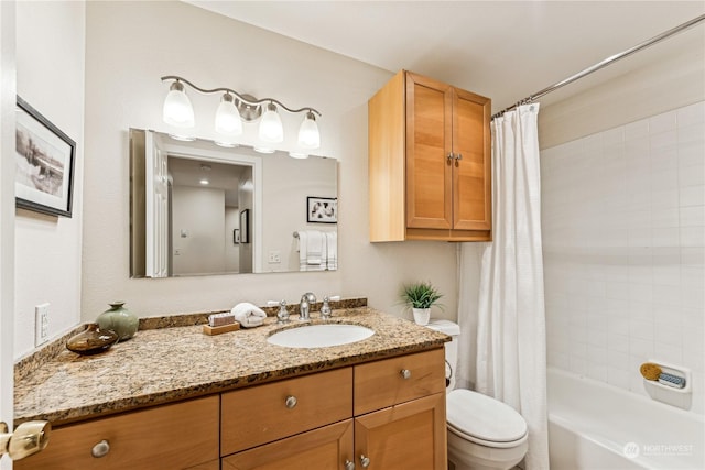 full bathroom with shower / bathtub combination with curtain, vanity, and toilet