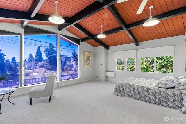 bedroom with a wall unit AC, lofted ceiling with beams, wooden ceiling, and carpet