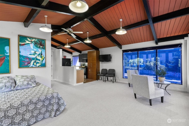 bedroom featuring light carpet, wood ceiling, black refrigerator, and lofted ceiling with beams