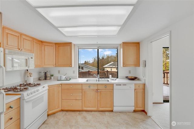 kitchen with sink, light brown cabinets, and white appliances