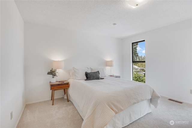 bedroom featuring light colored carpet and a textured ceiling