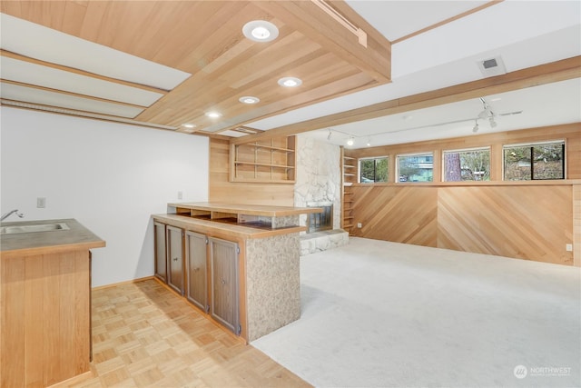 kitchen featuring rail lighting, sink, wooden walls, kitchen peninsula, and light parquet flooring