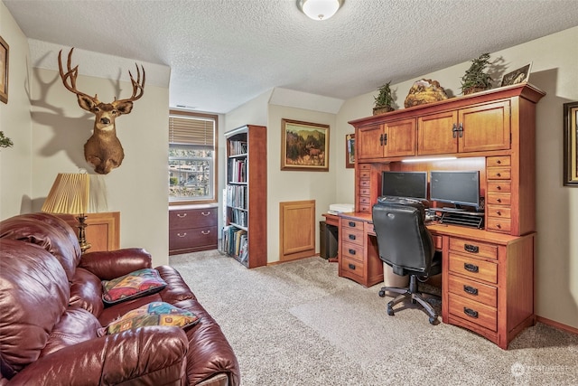 carpeted office with a textured ceiling