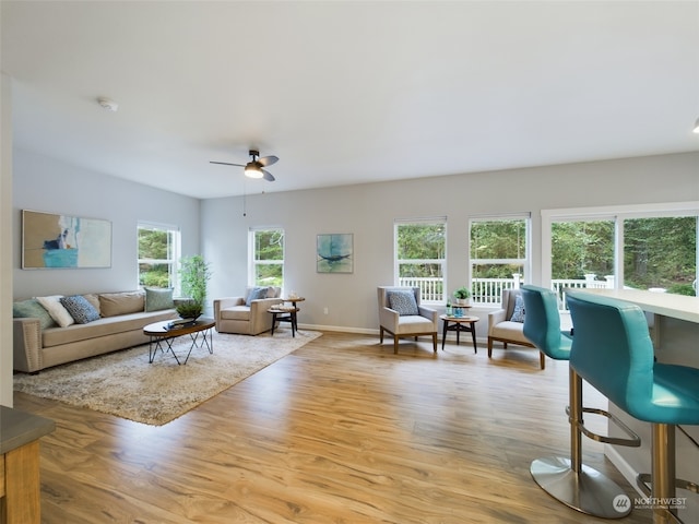 living room featuring ceiling fan and light hardwood / wood-style flooring