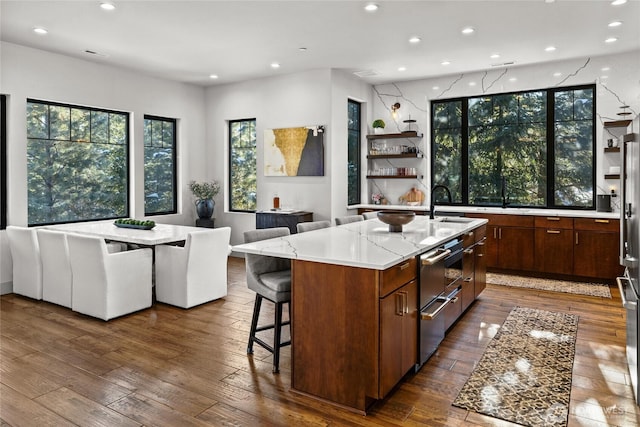 kitchen featuring dark hardwood / wood-style flooring, a wealth of natural light, sink, and a large island with sink