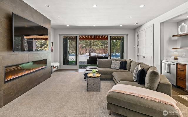 living room with a fireplace