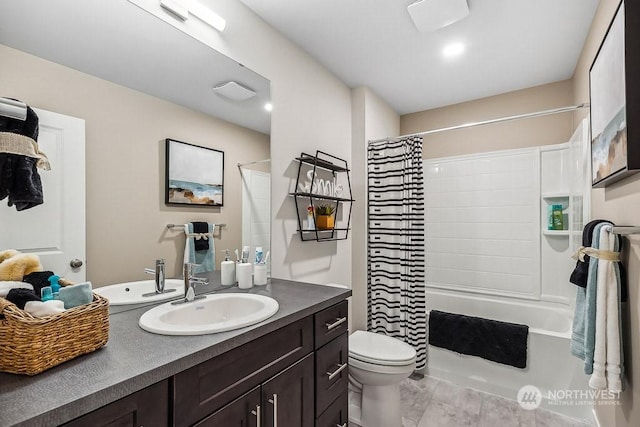 full bathroom with vanity, toilet, and shower / bathtub combination with curtain