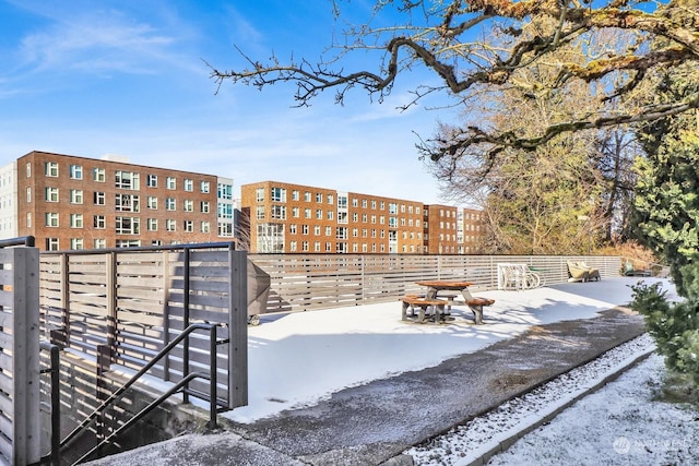 view of snow covered patio