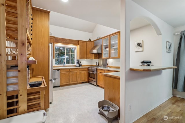 kitchen featuring vaulted ceiling, appliances with stainless steel finishes, sink, kitchen peninsula, and wall chimney exhaust hood