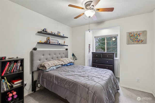 bedroom featuring ceiling fan and light colored carpet