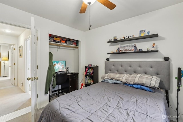 bedroom featuring carpet floors, a closet, and ceiling fan