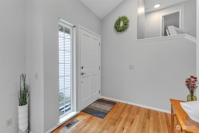 entryway with lofted ceiling, sink, and wood-type flooring