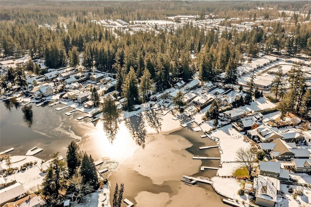 snowy aerial view featuring a water view