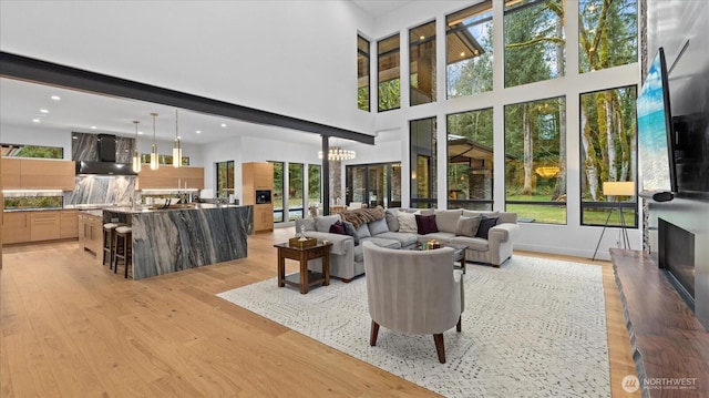 living room with light wood-type flooring, a high ceiling, and a notable chandelier