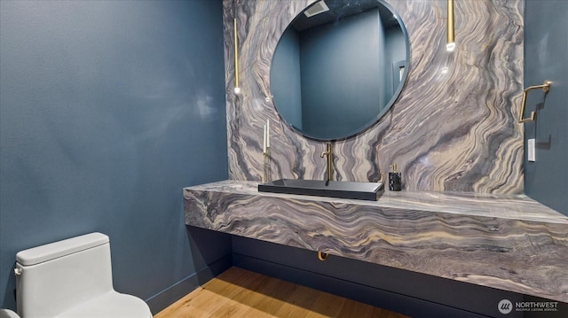 bathroom with sink, toilet, and hardwood / wood-style flooring