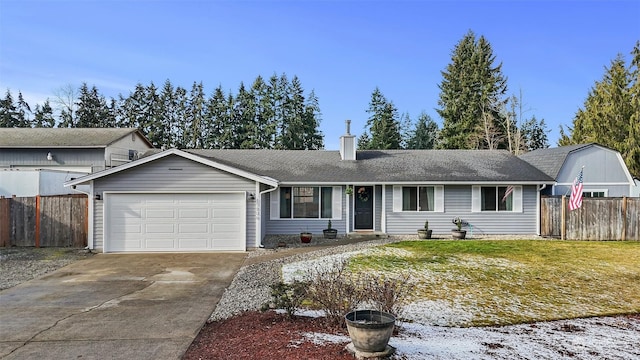 single story home featuring a garage and a front lawn