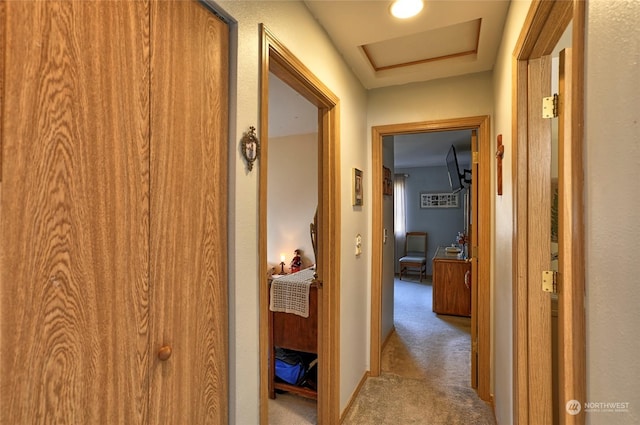 hallway with carpet floors