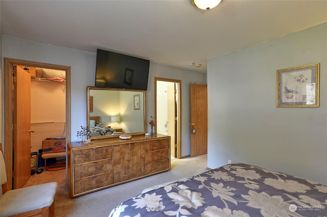 carpeted bedroom with a walk in closet and a closet