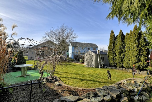 view of yard featuring a shed