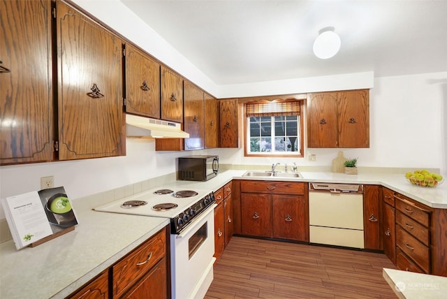 kitchen featuring white appliances, dark hardwood / wood-style flooring, and sink