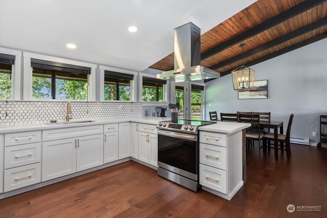 kitchen featuring island range hood, a sink, white cabinetry, light countertops, and stainless steel electric range