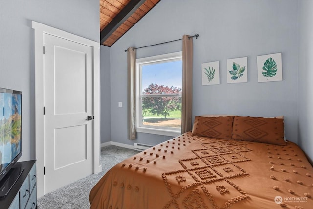 carpeted bedroom with a baseboard heating unit, wooden ceiling, baseboards, and vaulted ceiling with beams