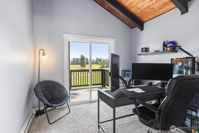 office space featuring light carpet, a baseboard heating unit, lofted ceiling with beams, and wooden ceiling