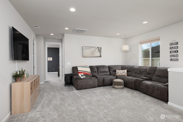 living room with light colored carpet