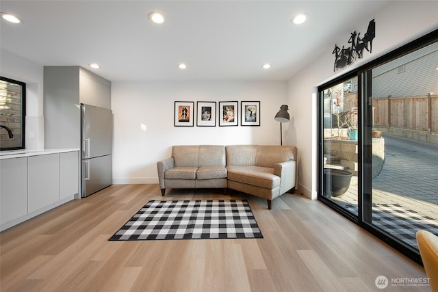 living room featuring sink and light wood-type flooring