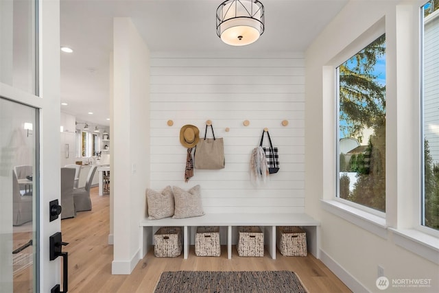 mudroom with a wealth of natural light and wood finished floors