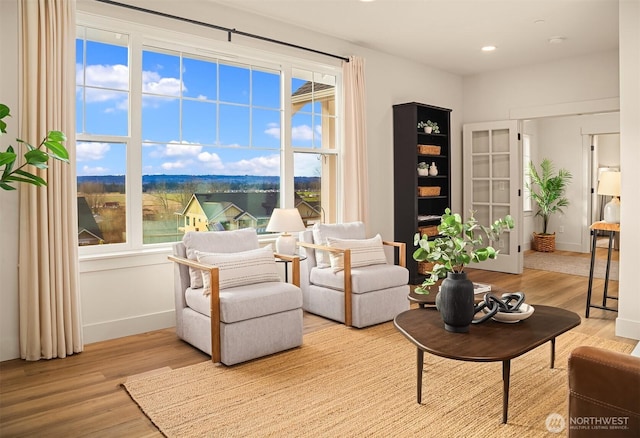 living area with light wood-style floors, baseboards, a mountain view, and recessed lighting