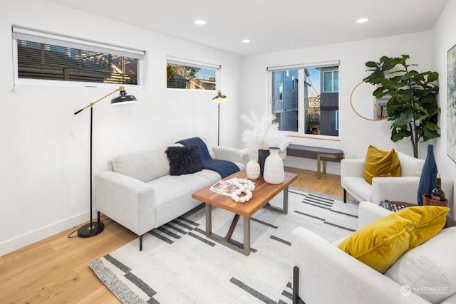 living room featuring wood-type flooring and a healthy amount of sunlight