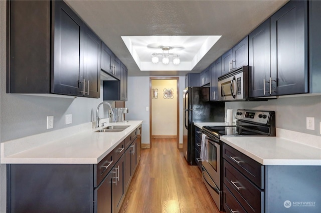 kitchen with sink, light hardwood / wood-style flooring, appliances with stainless steel finishes, a tray ceiling, and a chandelier